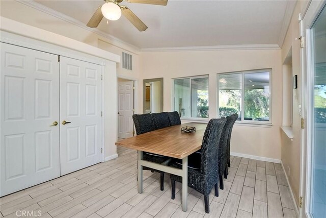 35450 Calle Nopal, Temecula, CA 92592 - dining room featuring crown molding, wood tiled floors, and a ceiling fan