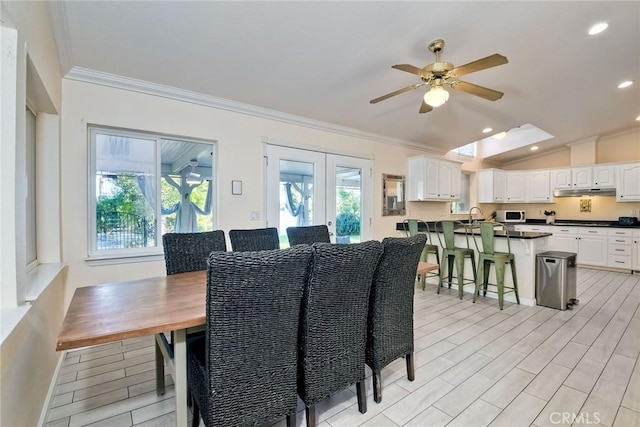 35450 Calle Nopal, Temecula, CA 92592 - dining area with ornamental molding, plenty of natural light, ceiling fan, french doors, and recessed lighting