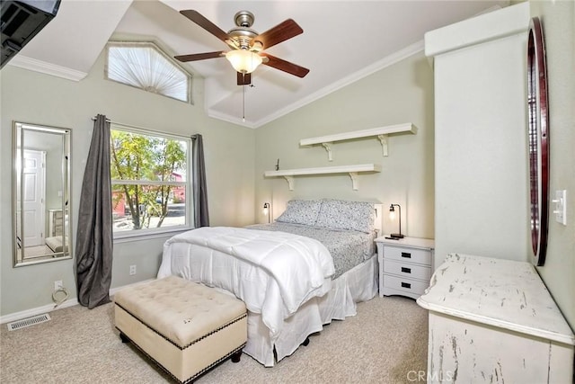 35450 Calle Nopal, Temecula, CA 92592 - bedroom with vaulted ceiling, light colored carpet, crown molding, and ceiling fan