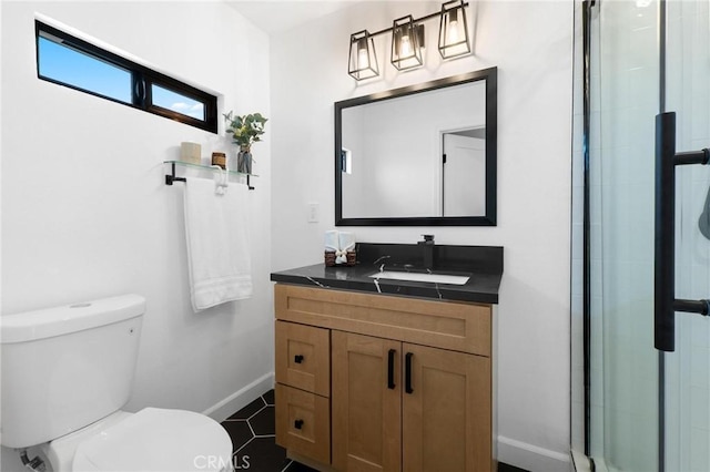 1561 Shoshone Valley Rd Unit 29, Palms, CA 92277 - full bathroom featuring vanity, toilet, baseboards, and a shower stall