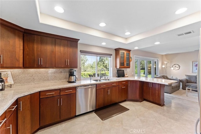 6421 Acacia Hill Dr, Yorba Linda, CA 92886 - kitchen featuring dishwasher, a sink, a peninsula, open floor plan, and tasteful backsplash