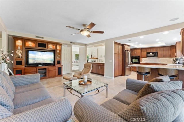 6421 Acacia Hill Dr, Yorba Linda, CA 92886 - living room with a ceiling fan, recessed lighting, and light tile patterned floors