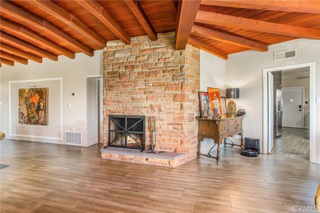 1872 Arroyo Dr, Riverside, CA 92506 - unfurnished living room featuring wooden ceiling, wood finished floors, and a stone fireplace