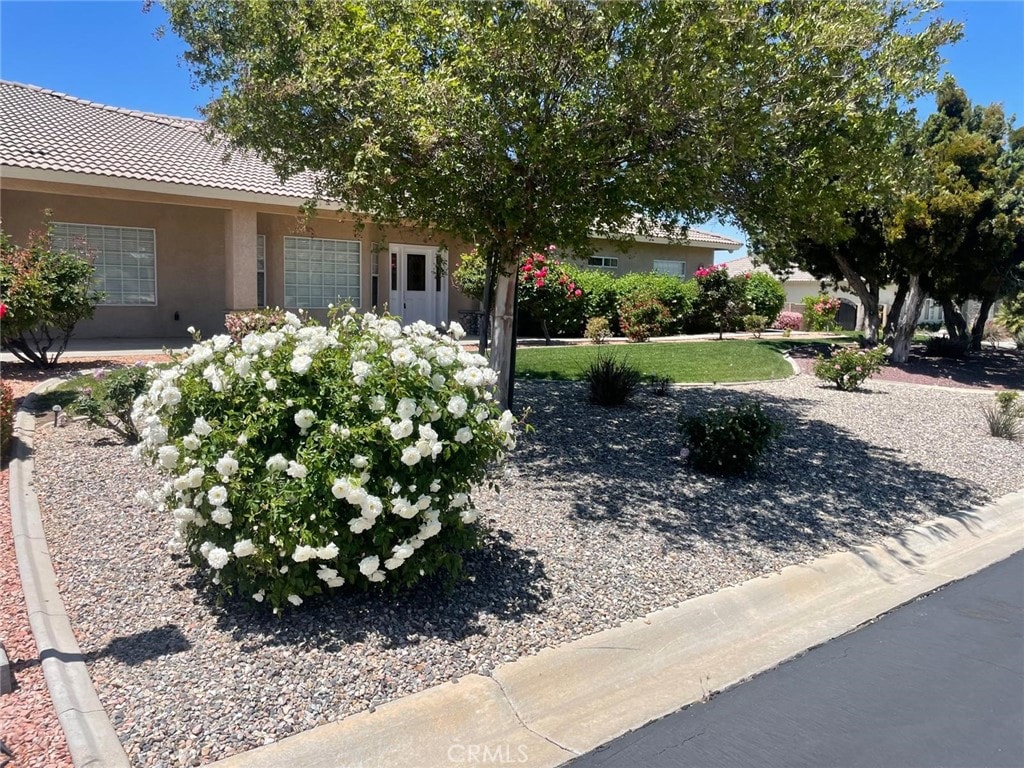 6940 Oak Vista Ln, Oak Hills, CA 92344 - obstructed view of property featuring stucco siding and a tiled roof