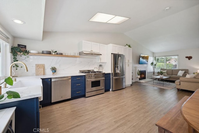 27721 Wakefield Rd, Castaic, CA 91384 - kitchen with stainless steel appliances, blue cabinetry, under cabinet range hood, open shelves, and vaulted ceiling
