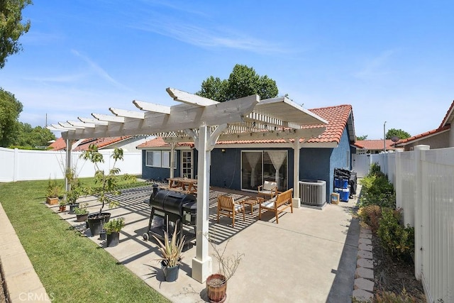 27721 Wakefield Rd, Castaic, CA 91384 - rear view of house featuring a tile roof, a pergola, stucco siding, cooling unit, and a patio