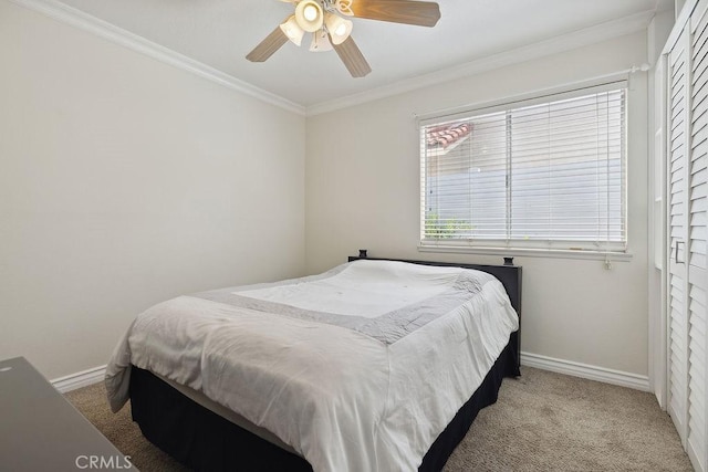 27721 Wakefield Rd, Castaic, CA 91384 - bedroom with carpet flooring, baseboards, crown molding, and ceiling fan