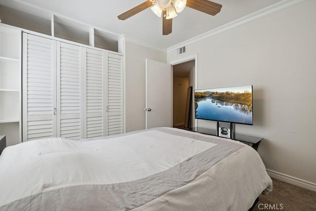 27721 Wakefield Rd, Castaic, CA 91384 - bedroom featuring ornamental molding, baseboards, a closet, carpet flooring, and a ceiling fan