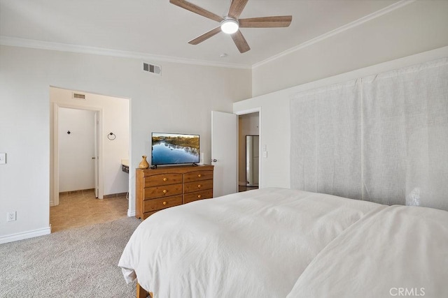 27721 Wakefield Rd, Castaic, CA 91384 - carpeted bedroom featuring crown molding, baseboards, vaulted ceiling, and a ceiling fan