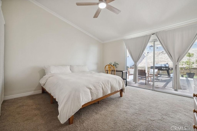 27721 Wakefield Rd, Castaic, CA 91384 - carpeted bedroom with vaulted ceiling, access to outside, ceiling fan, ornamental molding, and baseboards