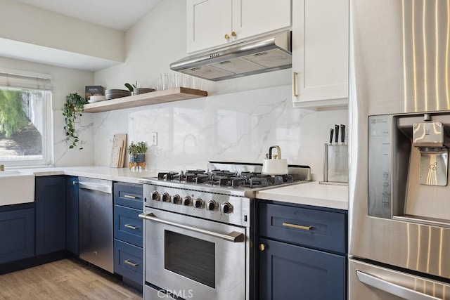27721 Wakefield Rd, Castaic, CA 91384 - kitchen featuring appliances with stainless steel finishes, under cabinet range hood, tasteful backsplash, and blue cabinets