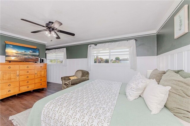 5526 Donner Ave, Buena Park, CA 90621 - bedroom with wainscoting, ornamental molding, wood finished floors, and ceiling fan