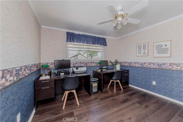 5526 Donner Ave, Buena Park, CA 90621 - home office with wood finished floors, wallpapered walls, ornamental molding, a ceiling fan, and a wainscoted wall