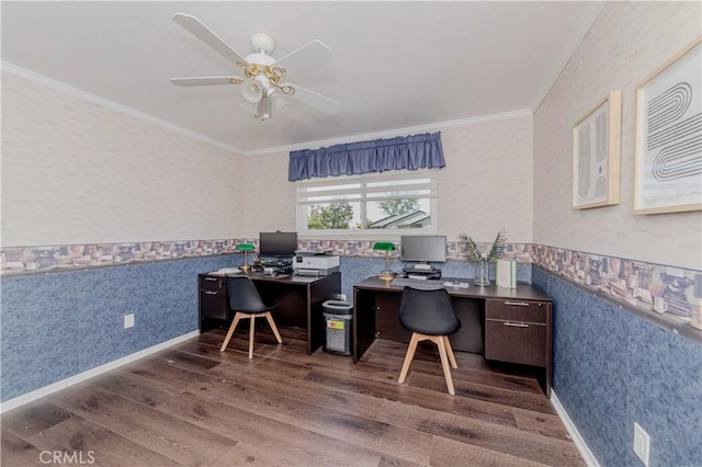 5526 Donner Ave, Buena Park, CA 90621 - office space with wallpapered walls, wood finished floors, ornamental molding, and ceiling fan