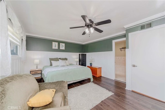 5526 Donner Ave, Buena Park, CA 90621 - bedroom featuring wood finished floors, wainscoting, ornamental molding, ceiling fan, and ensuite bathroom