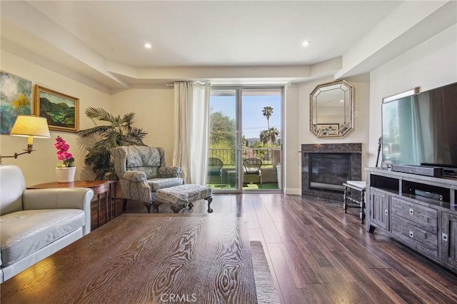 11218 Camarillo St Unit 305, Toluca Lake, CA 91602 - living area featuring a premium fireplace, wood finished floors, and recessed lighting