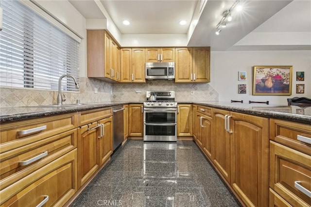 11218 Camarillo St Unit 305, Toluca Lake, CA 91602 - kitchen featuring appliances with stainless steel finishes, granite tiled floors, a tray ceiling, dark stone countertops, and recessed lighting