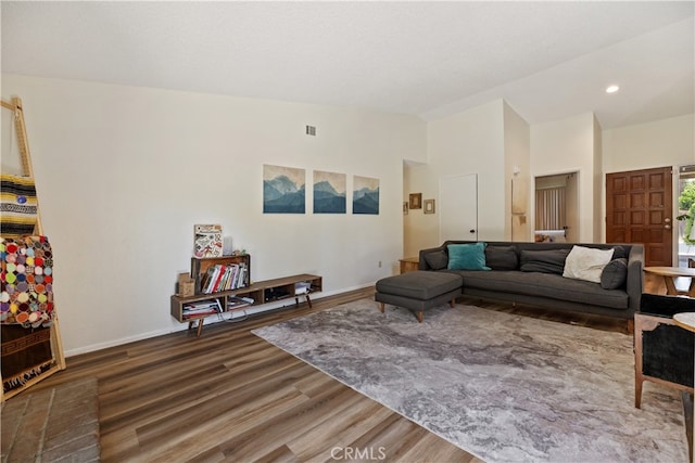 819 Shade Tree Ln, Fallbrook, CA 92028 - living area with wood finished floors, baseboards, high vaulted ceiling, and recessed lighting