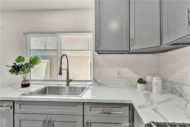 13338 Woodbrook Cir, Garden Grove, CA 92844 - kitchen with gray cabinetry, a sink, dishwasher, and light stone countertops