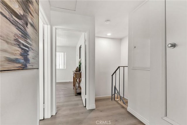 13338 Woodbrook Cir, Garden Grove, CA 92844 - corridor with light wood-style floors, baseboards, an upstairs landing, and recessed lighting