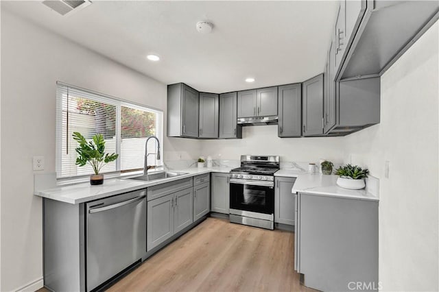13338 Woodbrook Cir, Garden Grove, CA 92844 - kitchen with a sink, stainless steel appliances, gray cabinetry, under cabinet range hood, and light wood-style floors