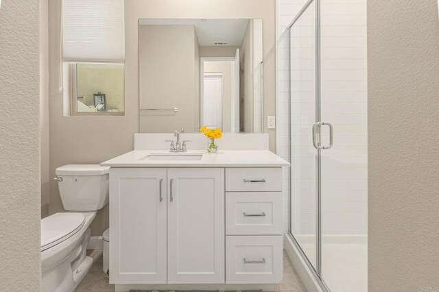 675 Westbrook Loop, San Marcos, CA 92078 - full bathroom featuring toilet, vanity, a shower stall, and a textured wall