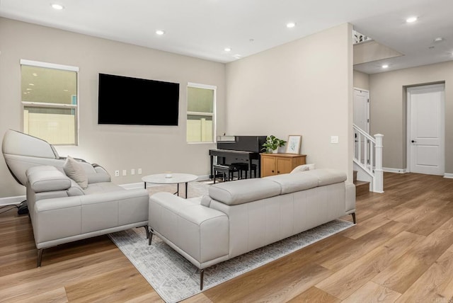 675 Westbrook Loop, San Marcos, CA 92078 - living area featuring light wood finished floors, baseboards, stairs, and recessed lighting
