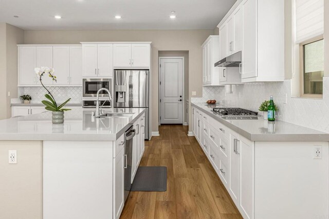 675 Westbrook Loop, San Marcos, CA 92078 - kitchen featuring stainless steel appliances, under cabinet range hood, light wood-style floors, white cabinetry, and tasteful backsplash