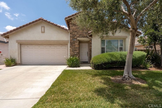 29557 Warmsprings Dr, Menifee, CA 92584 - view of front of house with stucco siding, an attached garage, stone siding, concrete driveway, and a front yard