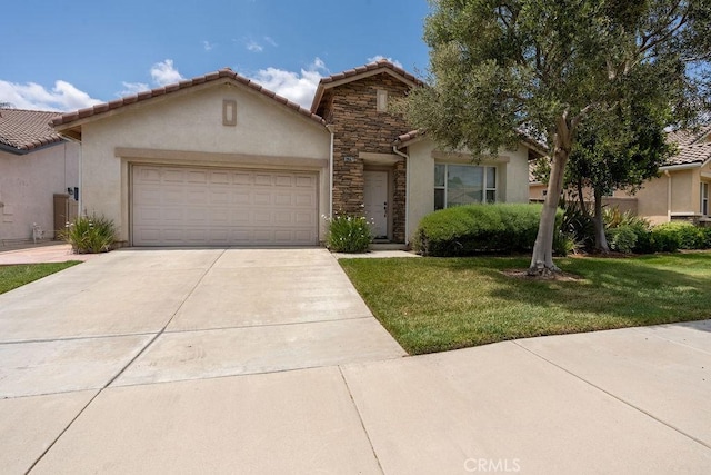 29557 Warmsprings Dr, Menifee, CA 92584 - view of front facade with stone siding, stucco siding, a garage, a tile roof, and driveway