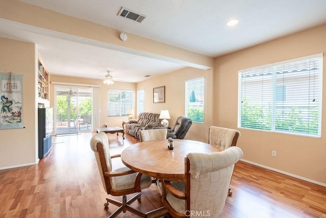 29557 Warmsprings Dr, Menifee, CA 92584 - dining space with light wood finished floors, baseboards, a ceiling fan, and recessed lighting