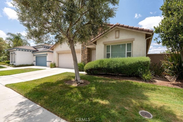 29557 Warmsprings Dr, Menifee, CA 92584 - mediterranean / spanish home featuring stucco siding, driveway, a garage, and a front lawn