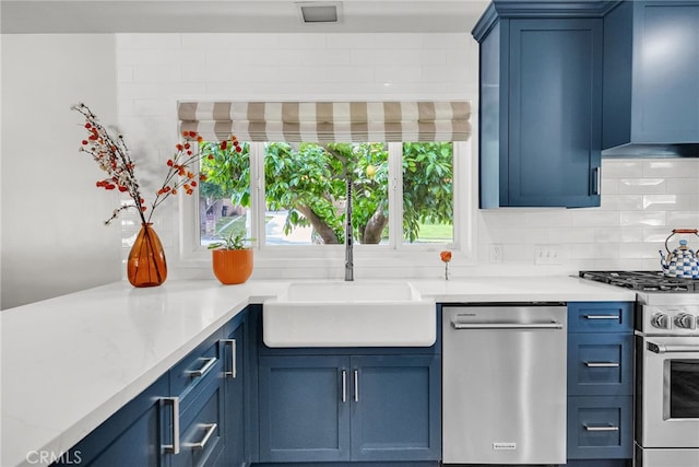 2201 Archdale St, Riverside, CA 92506 - kitchen with stainless steel appliances, a sink, blue cabinetry, decorative backsplash, and wall chimney range hood