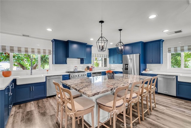 2201 Archdale St, Riverside, CA 92506 - kitchen featuring premium appliances, blue cabinetry, a sink, light wood-type flooring, and healthy amount of natural light