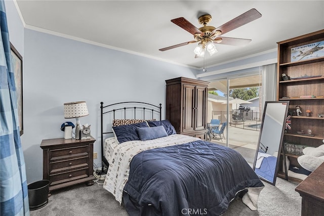 2201 Archdale St, Riverside, CA 92506 - bedroom featuring light colored carpet, access to outside, crown molding, and ceiling fan