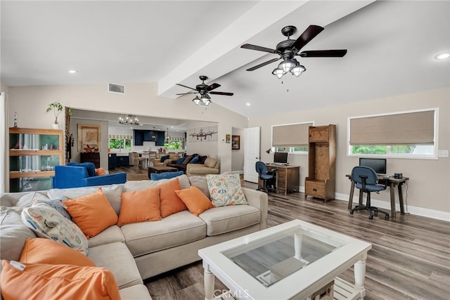 2201 Archdale St, Riverside, CA 92506 - living room with a chandelier, wood finished floors, a ceiling fan, baseboards, and recessed lighting