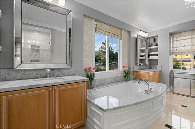 4160 New Hampshire Ave, Claremont, CA 91711 - full bathroom featuring a bath, vanity, ornamental molding, tile patterned flooring, and a shower
