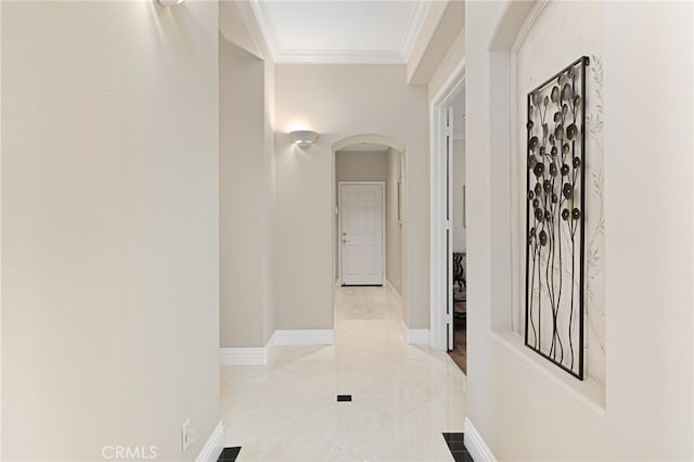 4160 New Hampshire Ave, Claremont, CA 91711 - corridor featuring ornamental molding, arched walkways, baseboards, and light tile patterned floors