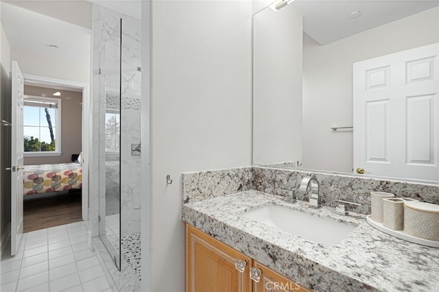 4160 New Hampshire Ave, Claremont, CA 91711 - full bath featuring vanity, a marble finish shower, ensuite bath, and tile patterned flooring
