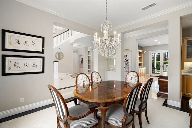 4160 New Hampshire Ave, Claremont, CA 91711 - dining space featuring a chandelier, ornamental molding, baseboards, and french doors