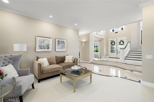 4160 New Hampshire Ave, Claremont, CA 91711 - living room featuring ornamental molding, baseboards, and recessed lighting