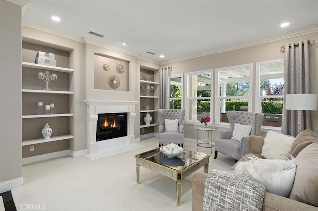 4160 New Hampshire Ave, Claremont, CA 91711 - living room with a glass covered fireplace, ornamental molding, built in features, baseboards, and recessed lighting