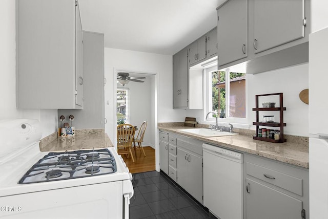 814 Brinsey Ave, Duarte, CA 91010 - kitchen featuring white appliances, a sink, light countertops, dark tile patterned flooring, and ceiling fan