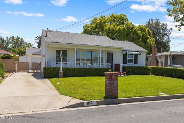 814 Brinsey Ave, Duarte, CA 91010 - view of front of home with a gate, a front lawn, driveway, roof with shingles, and covered porch
