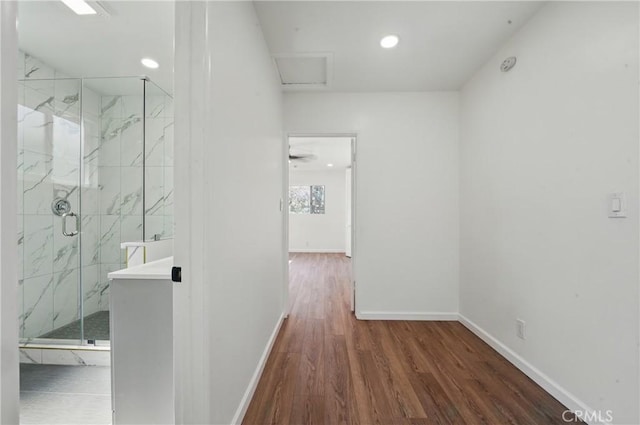 1509 W 138th St, Compton, CA 90222 - hall with attic access, wood finished floors, baseboards, and recessed lighting