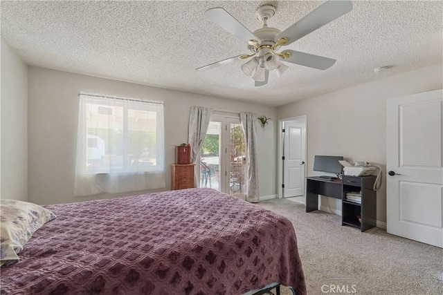 7558 Lobos Ave, Hesperia, CA 92345 - bedroom featuring access to outside, light colored carpet, a textured ceiling, and a ceiling fan