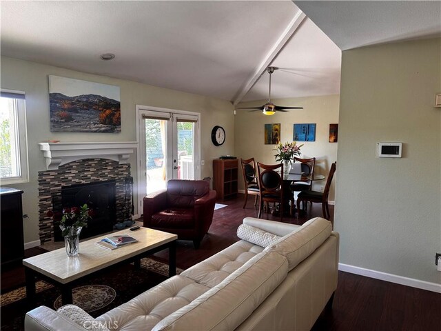 1351 E Gem Cir, Palm Springs, CA 92262 - living room featuring wood finished floors, baseboards, ceiling fan, a fireplace, and french doors
