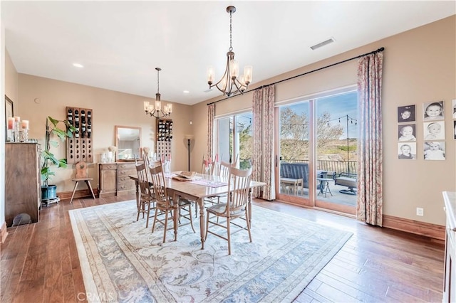 26525 Carancho Rd, Temecula, CA 92590 - dining area featuring a chandelier, wood-type flooring, baseboards, and recessed lighting