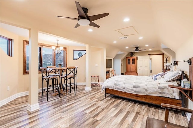 26525 Carancho Rd, Temecula, CA 92590 - bedroom with light wood-style flooring, lofted ceiling, baseboards, and recessed lighting