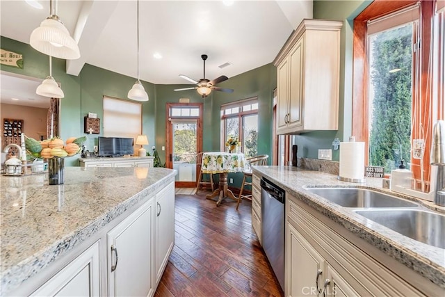 26525 Carancho Rd, Temecula, CA 92590 - kitchen with dishwasher, ceiling fan, dark wood-style floors, pendant lighting, and a sink